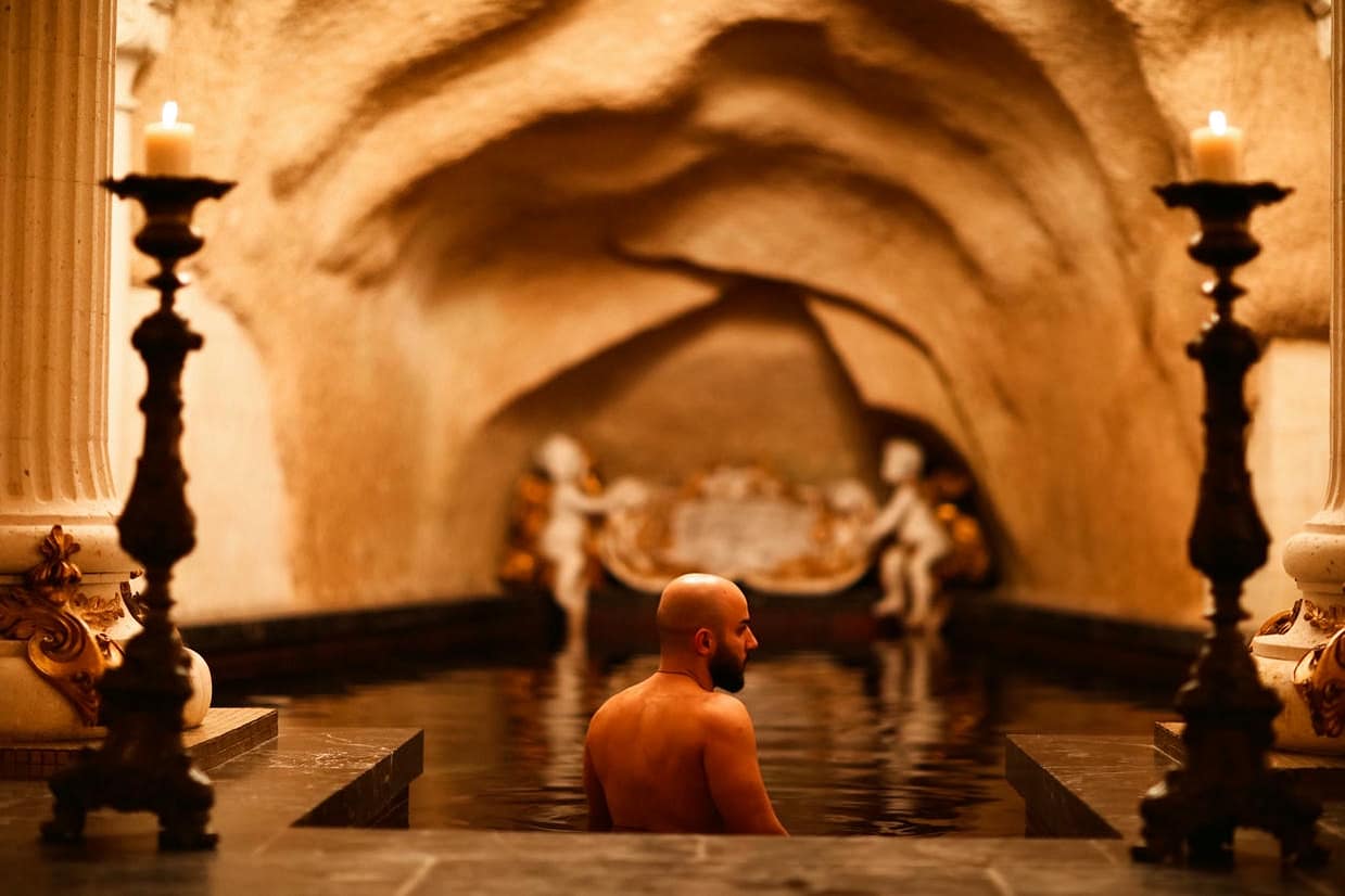 A serene scene of a man unwinding in an opulent, candlelit indoor hamam bath with classical sculptures.